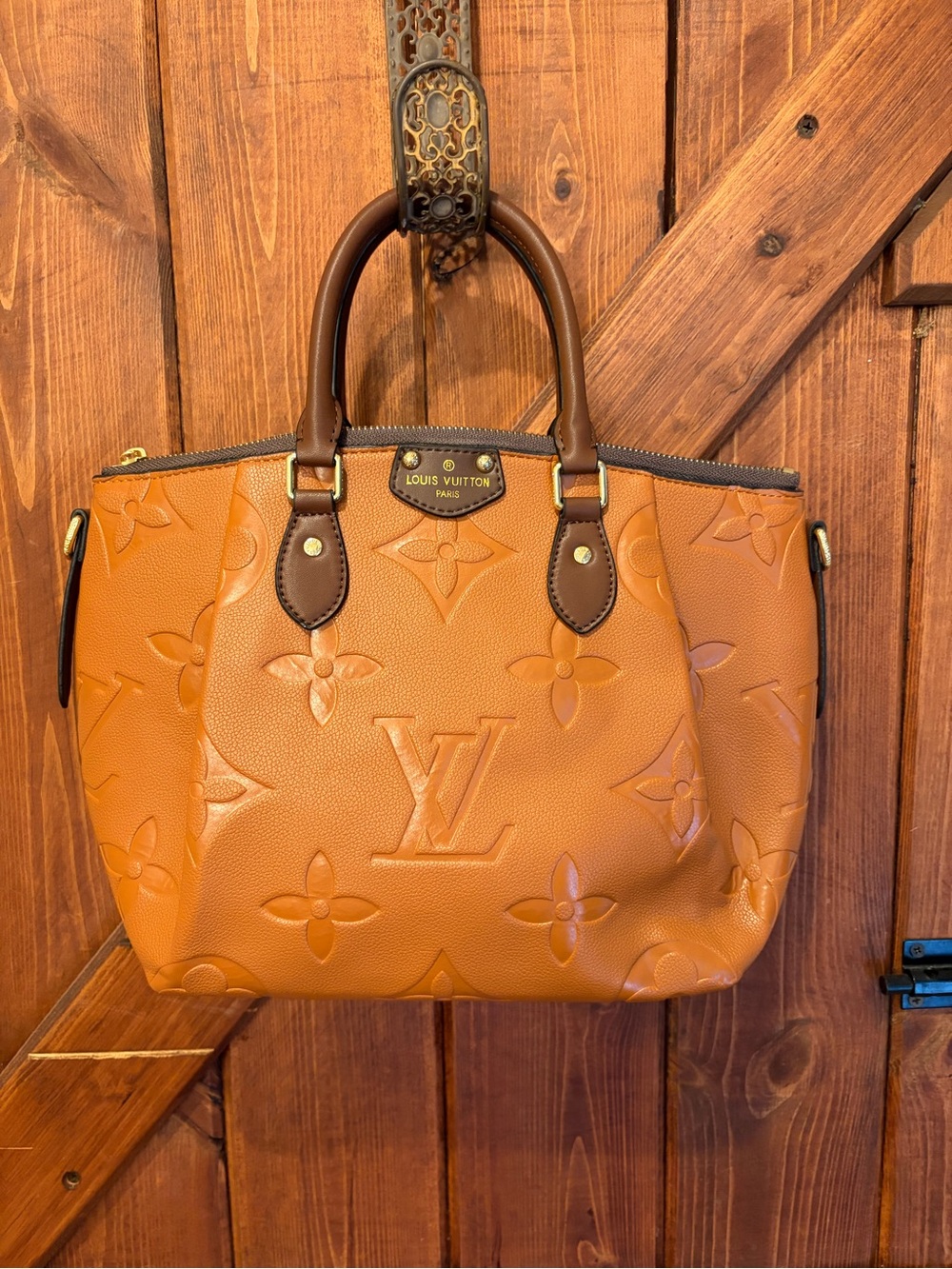 Brown Monogram Embossed Leather Tote